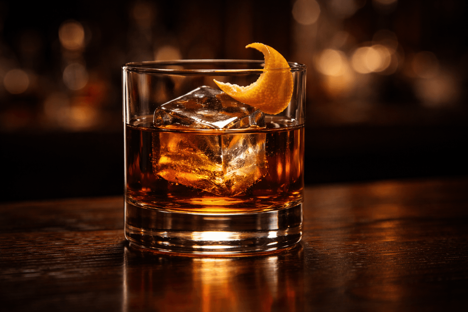 A rocks glass Godfather over a large clear ice cube with amber Scotch and a thin orange peel garnish.