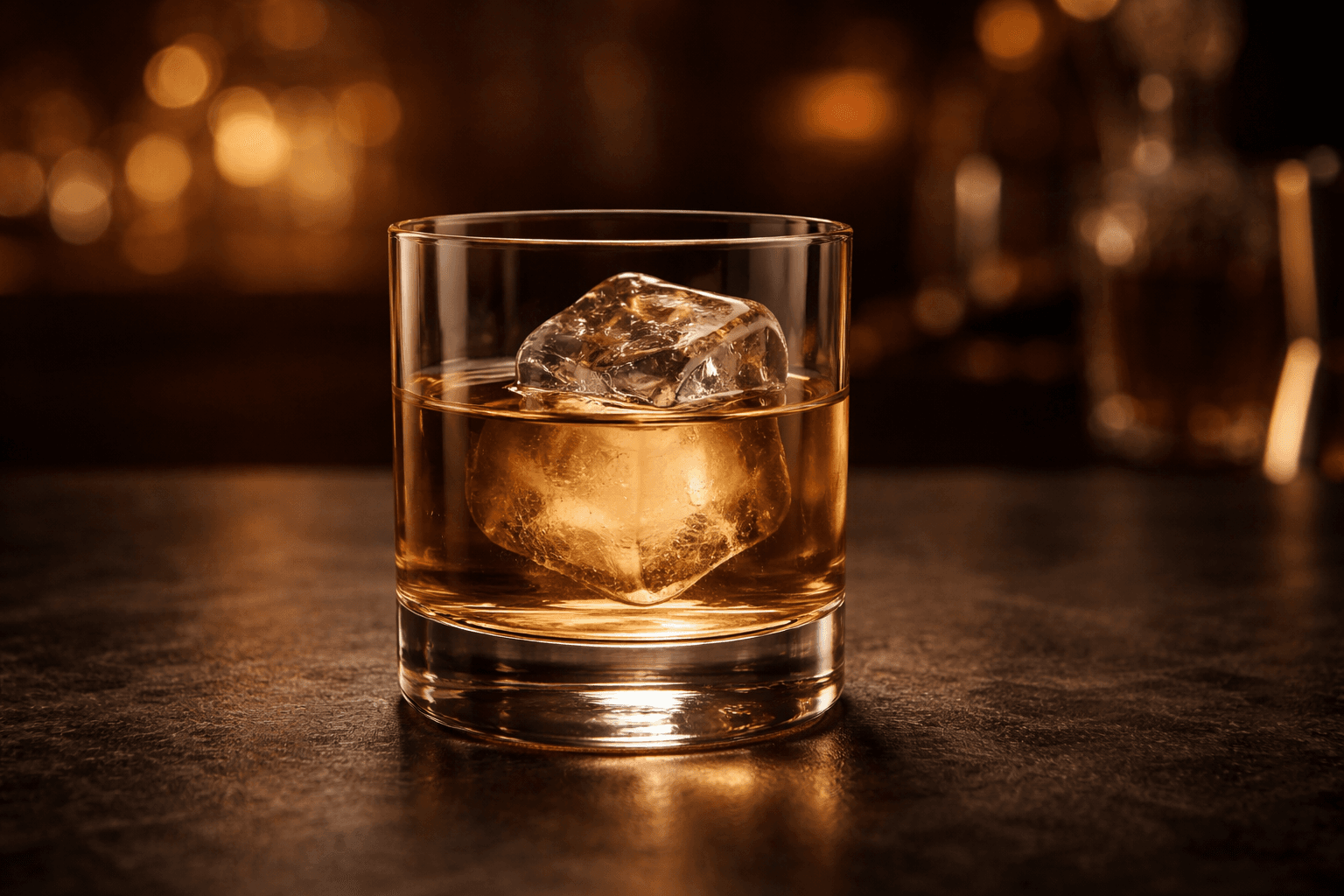 A Godmother in a rocks glass over a large ice cube.