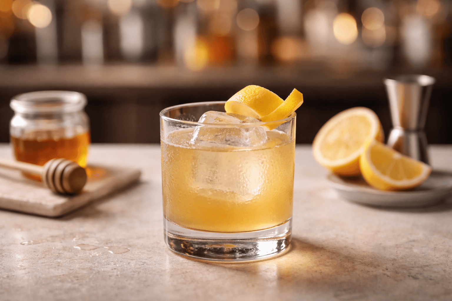 A Gold Rush over a large ice cube with lemon peel.