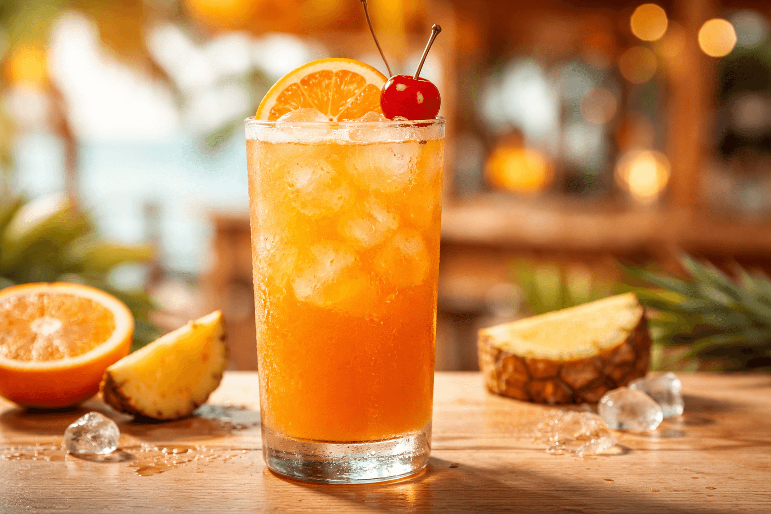 A Goombay Smash in a tall glass with an orange slice and cherry.