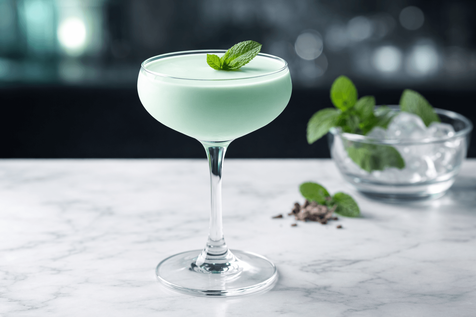 A Grasshopper in a coupe with pale green color and mint leaf.