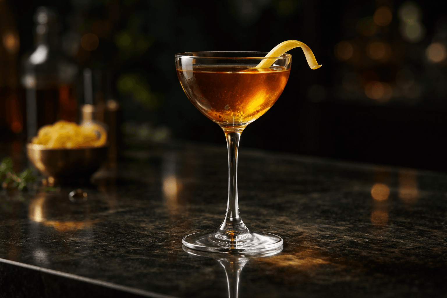 A Greenpoint in a Nick & Nora glass with lemon twist.