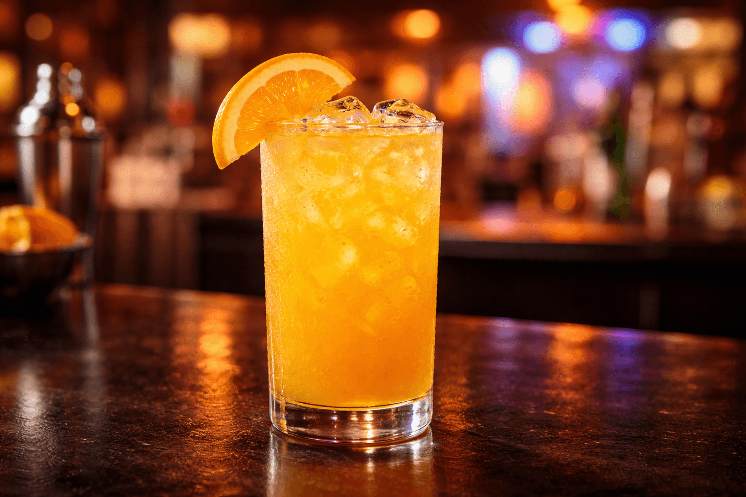 A Hairy Navel in a highball glass with an orange slice.