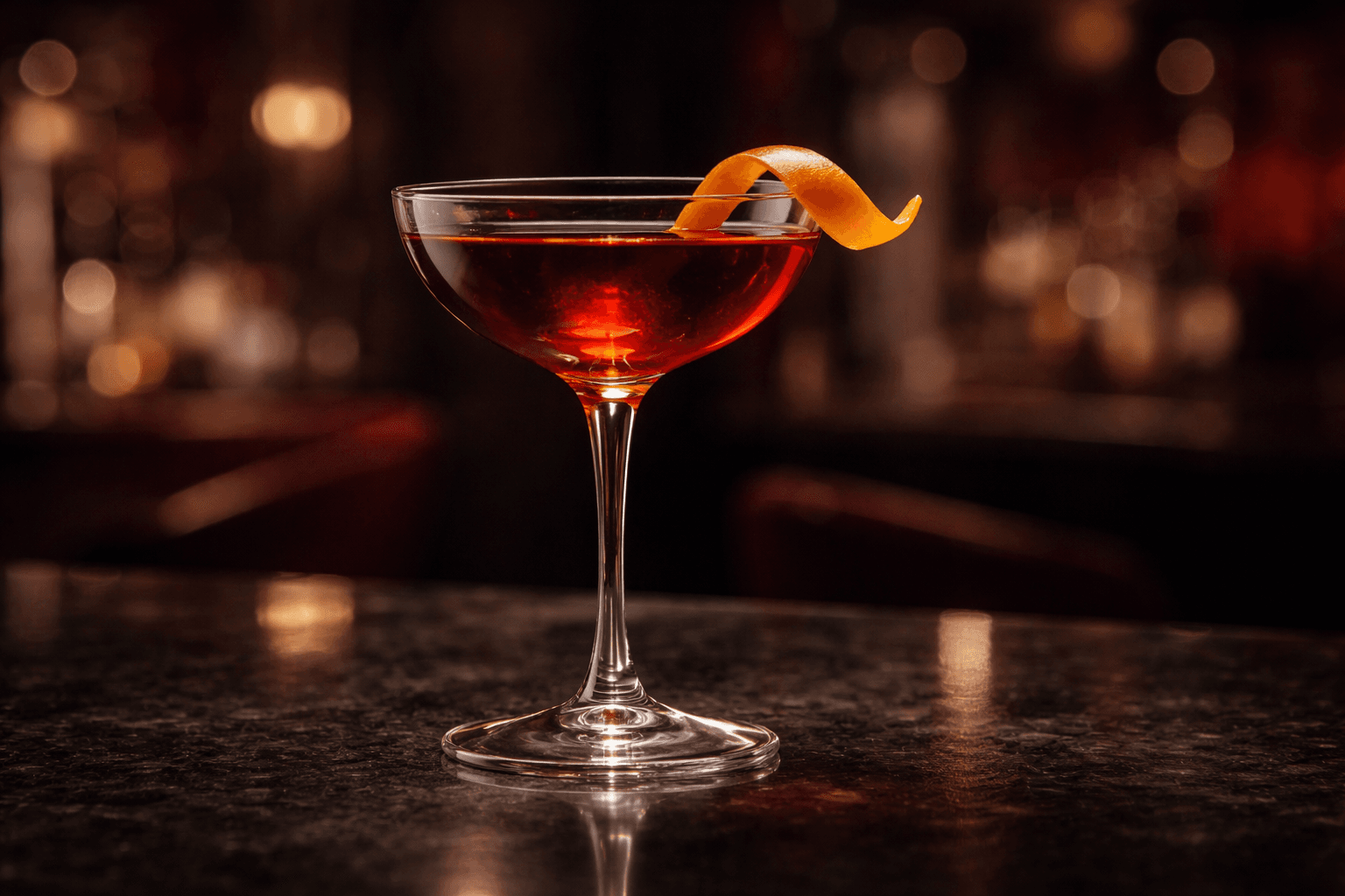 A coupe of Hanky Panky with a dark amber hue and a thin orange twist resting on the rim.