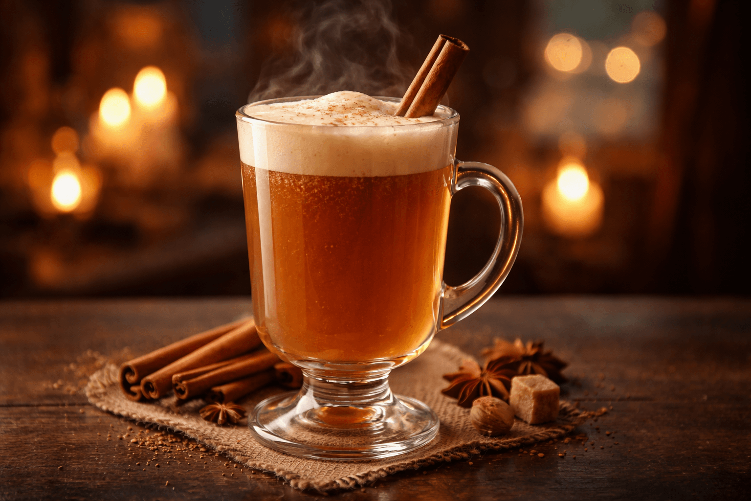 A Hot Buttered Rum in a glass mug with a cinnamon stick.