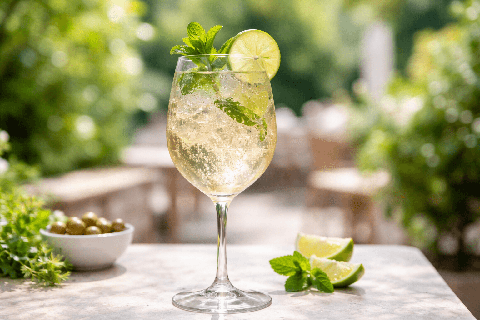 A Hugo Spritz in a wine glass with mint and lime.
