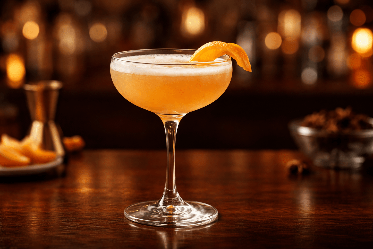 An Income Tax cocktail in a coupe with an orange twist.