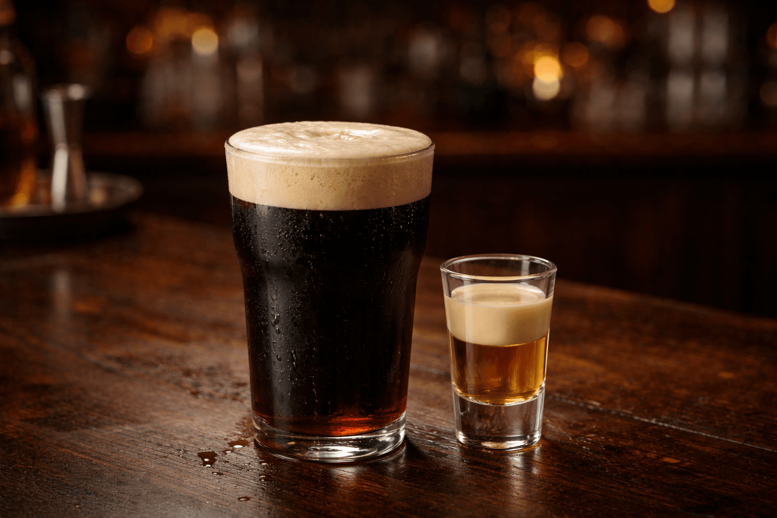 An Irish Car Bomb with shot falling into stout.
