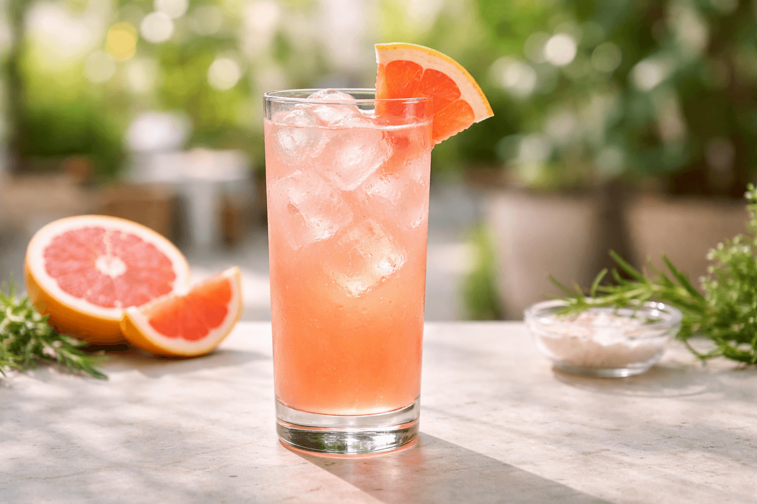 A highball of Italian Greyhound with pale pink color and grapefruit wedge.