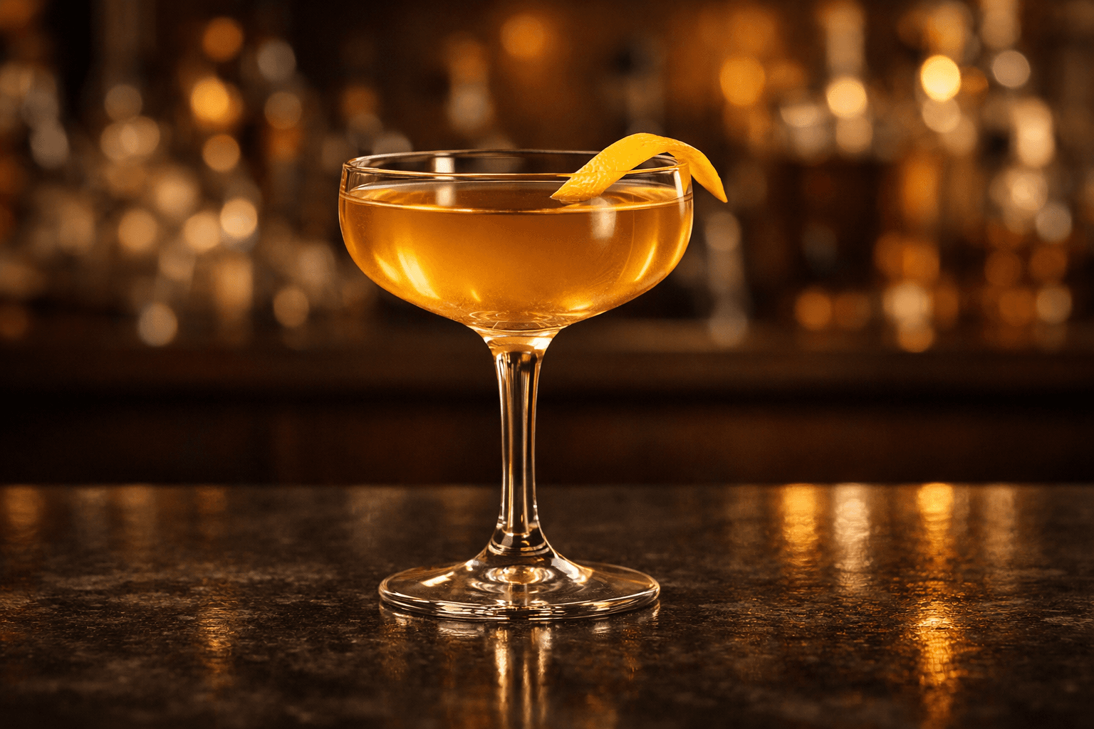 A Japanese Cocktail in a coupe with lemon twist.