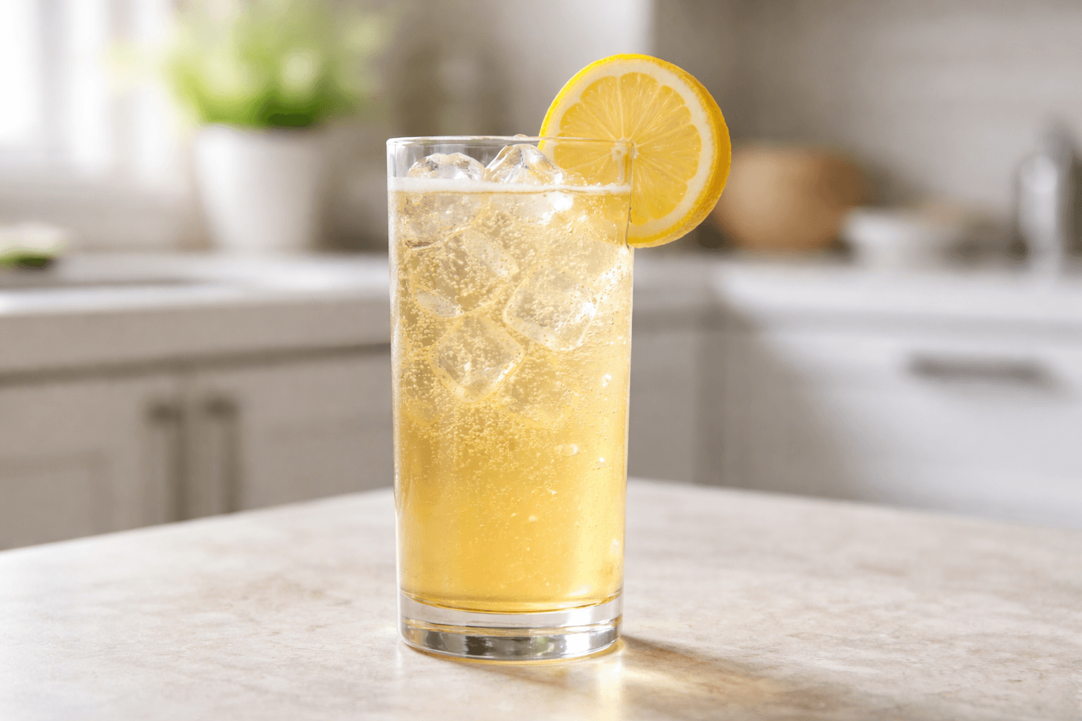 A Bourbon John Collins in a tall Collins glass with lemon wheel.