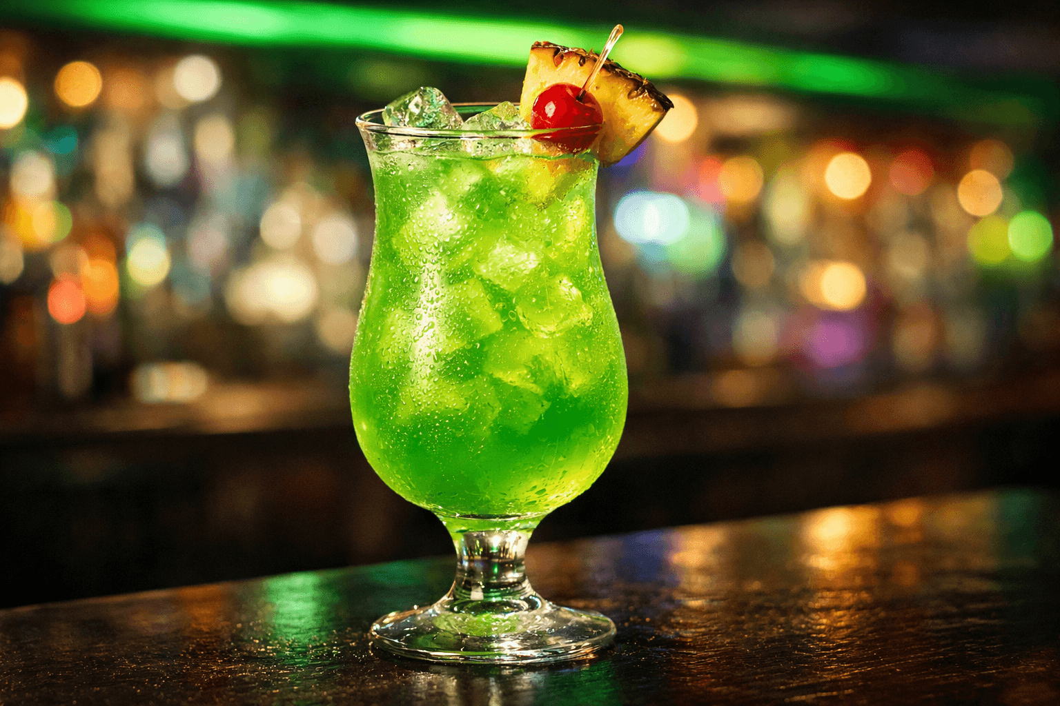 A June Bug in a hurricane glass with pineapple and cherry.