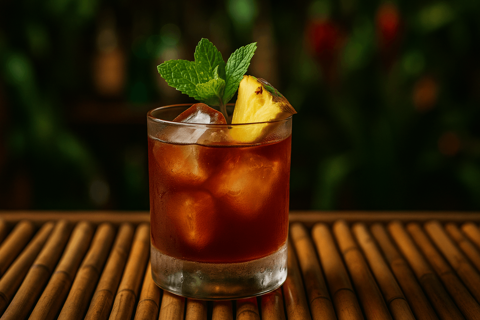 A Jungle Bird served over ice with a pineapple leaf.