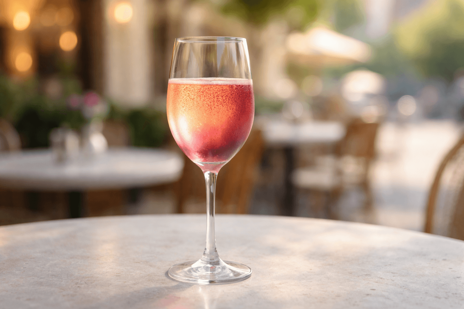 A Kir in a wine glass showing a soft purple gradient.