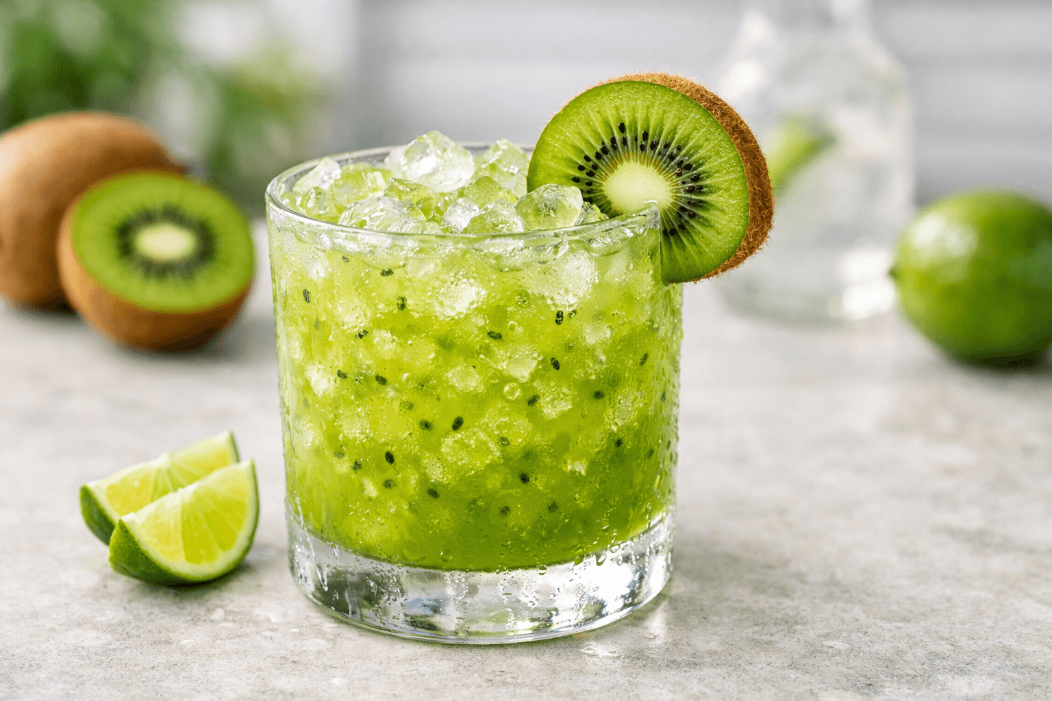 A Kiwi Margarita in a rocks glass with fresh kiwi garnish.