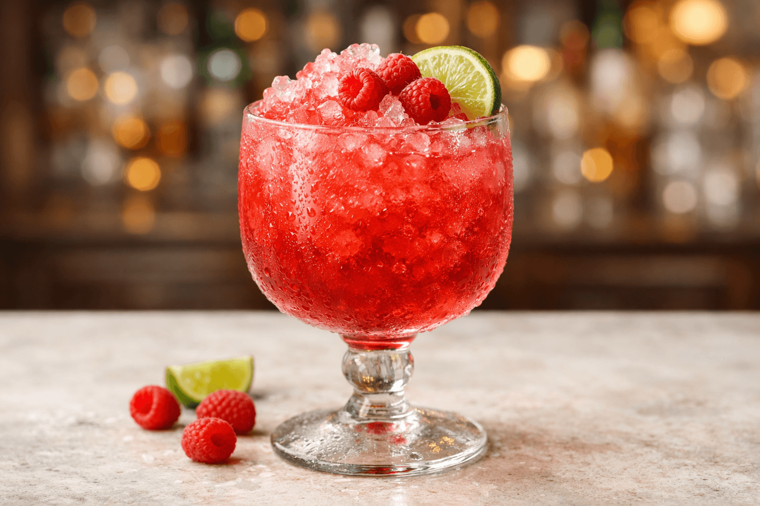 A Knickerbocker in a goblet filled with crushed ice and berries.