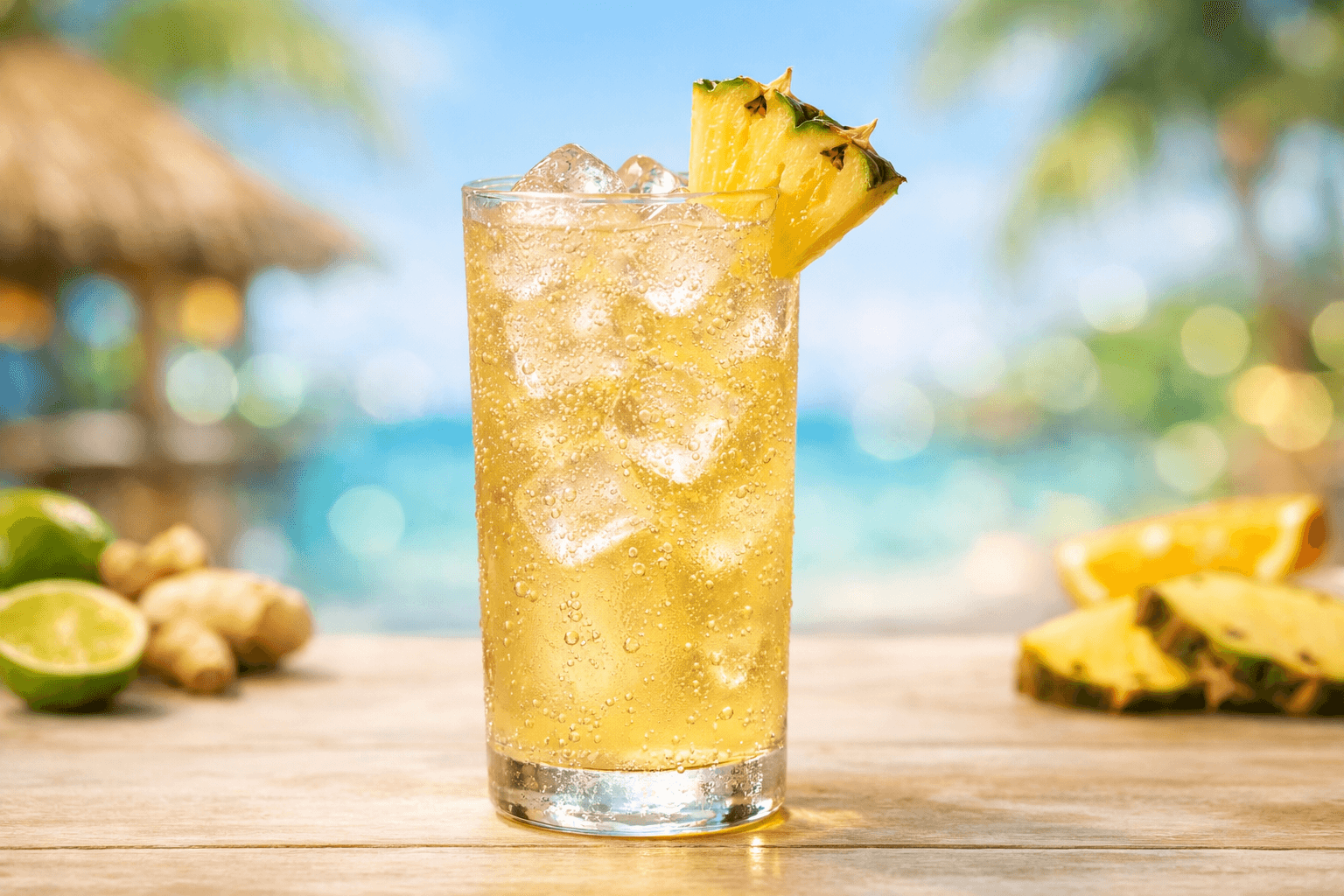 A tall Kona Cooler with pineapple garnish and bubbly top.