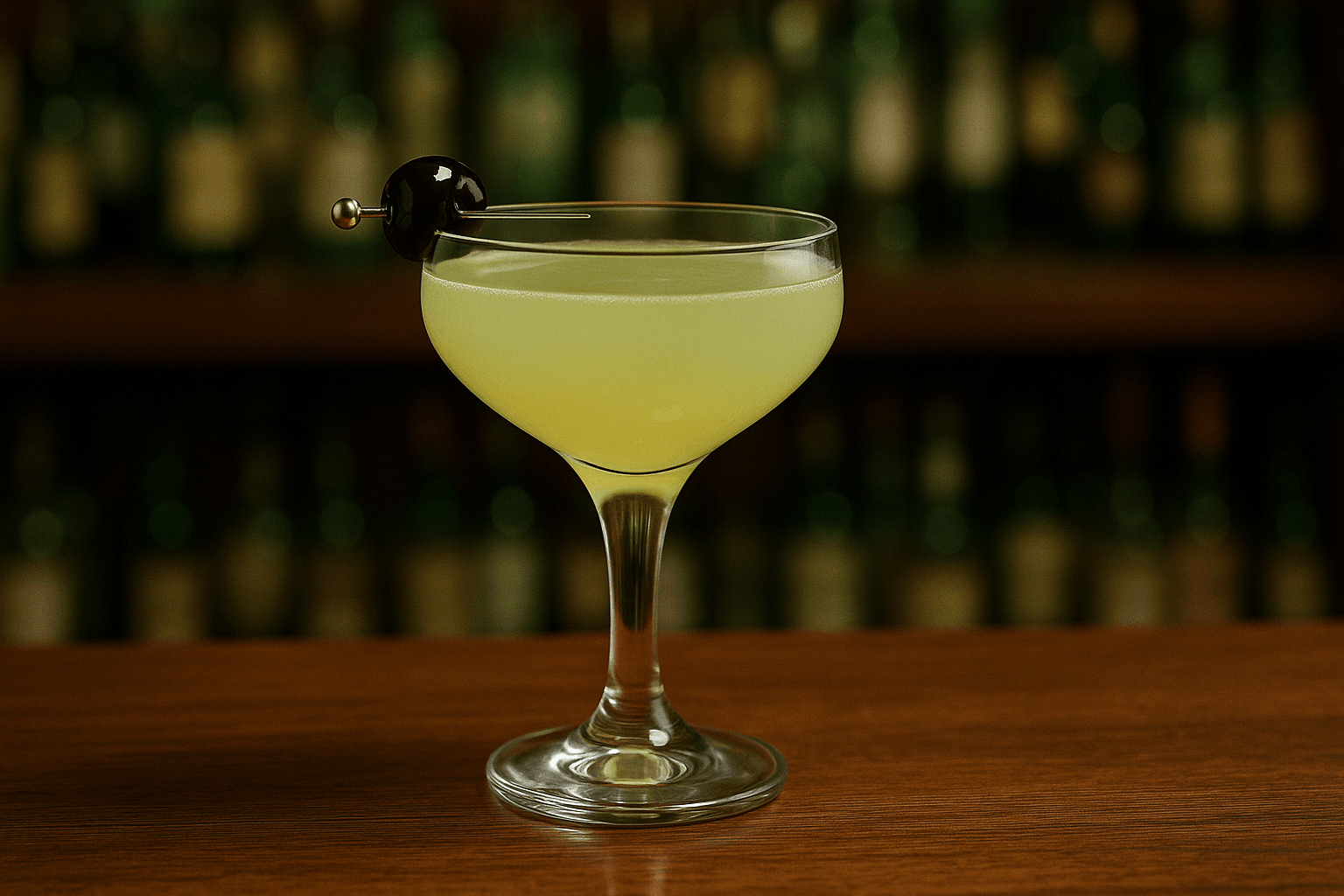 A coupe of Last Word with a pale green tint and a maraschino cherry.