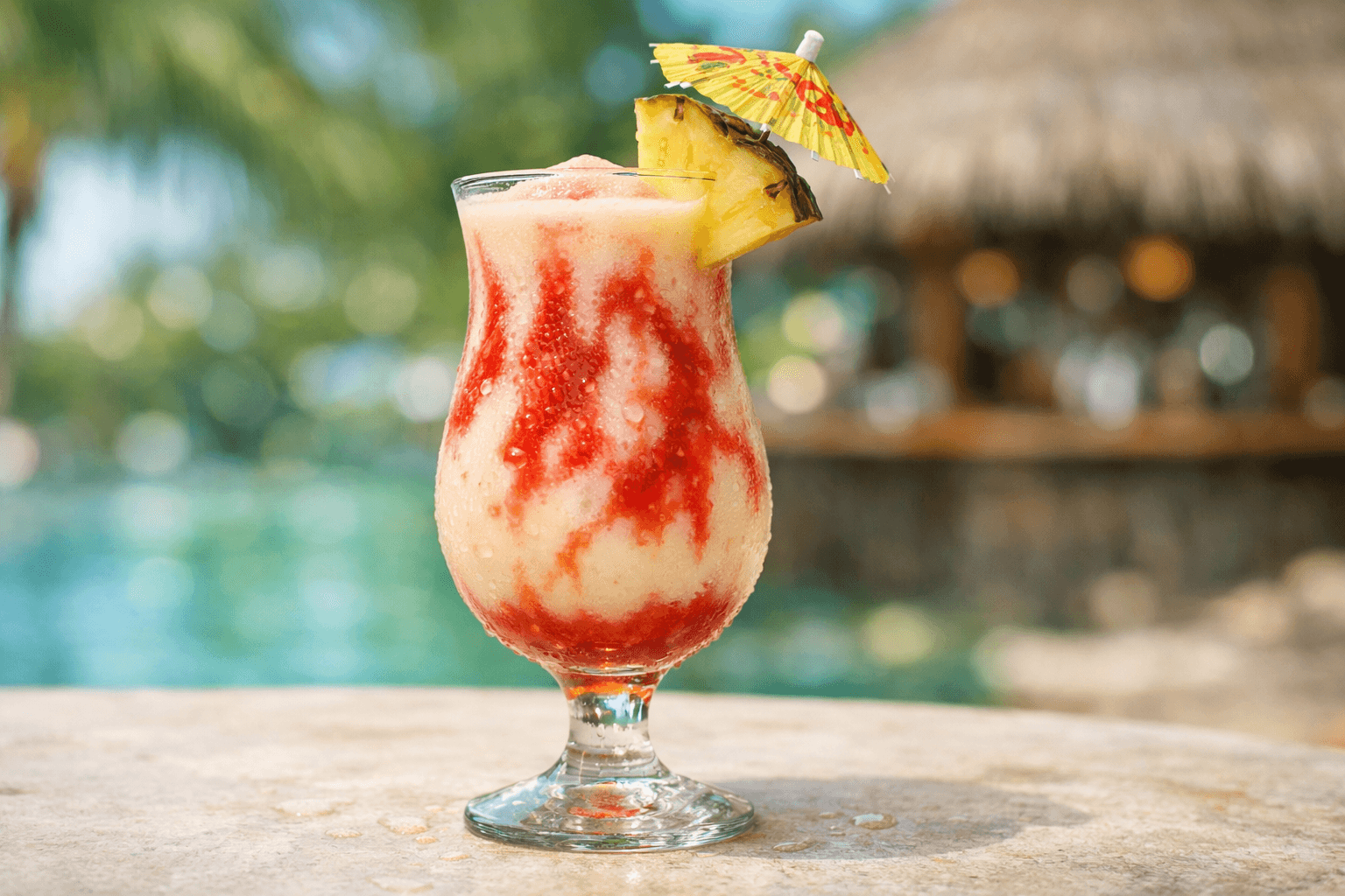A Lava Flow in a hurricane glass with red strawberry streaks rising through white frost.