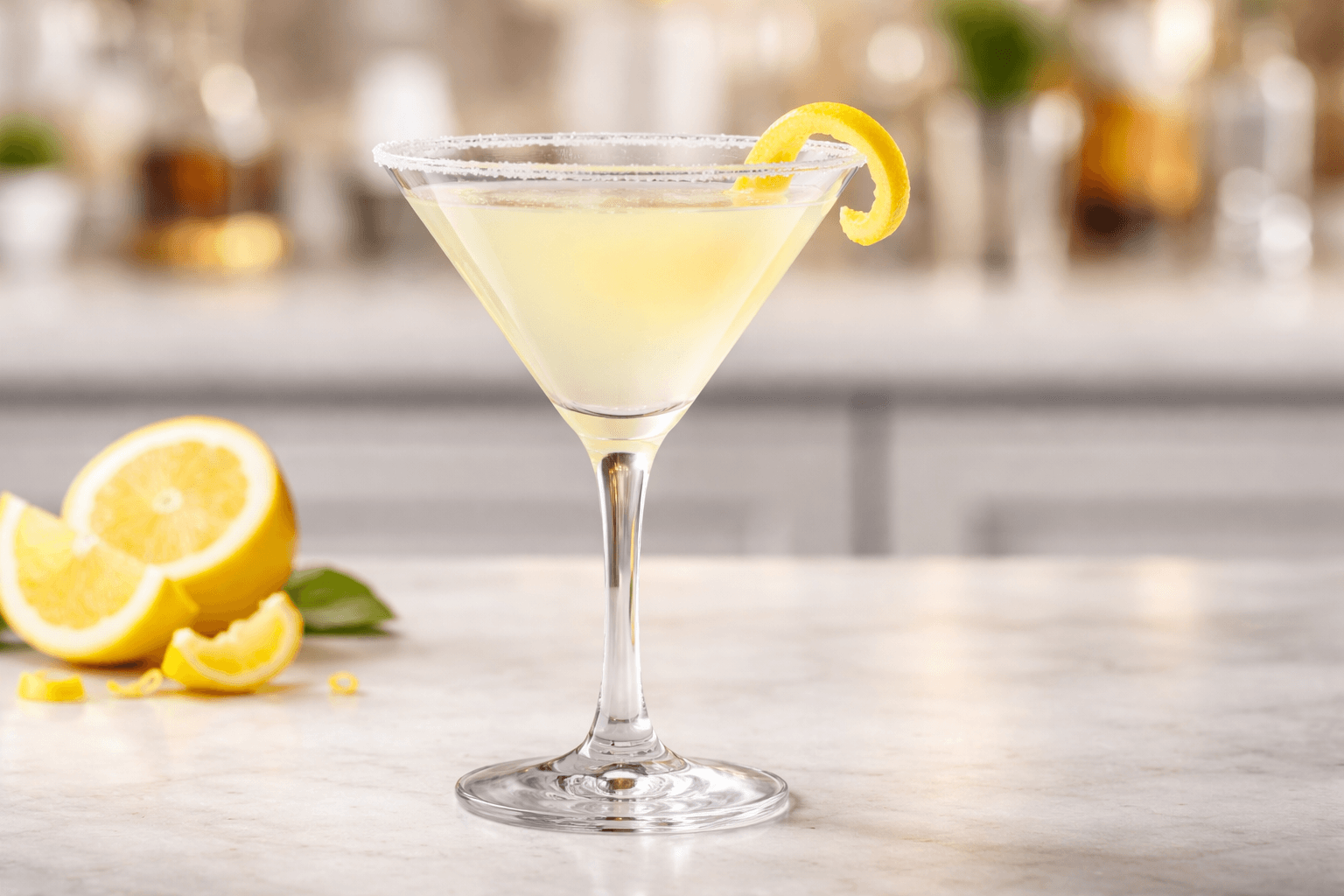 A chilled cocktail glass of Lemon Drop with a sugared rim and lemon twist.