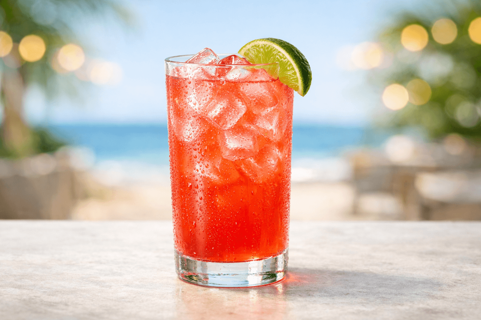 A Madras in a highball glass showing a coral-red color and lime wedge.