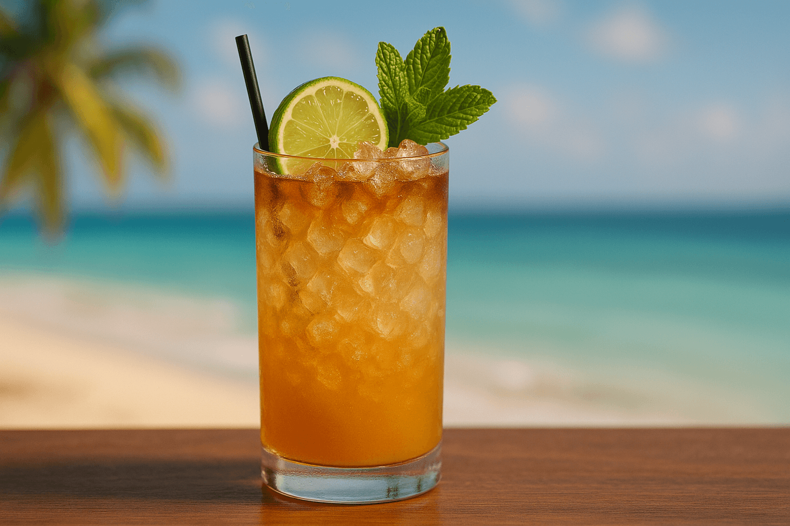 A Mai Tai in a double old-fashioned glass packed with crushed ice, mint bouquet, and lime shell on a tropical bar.
