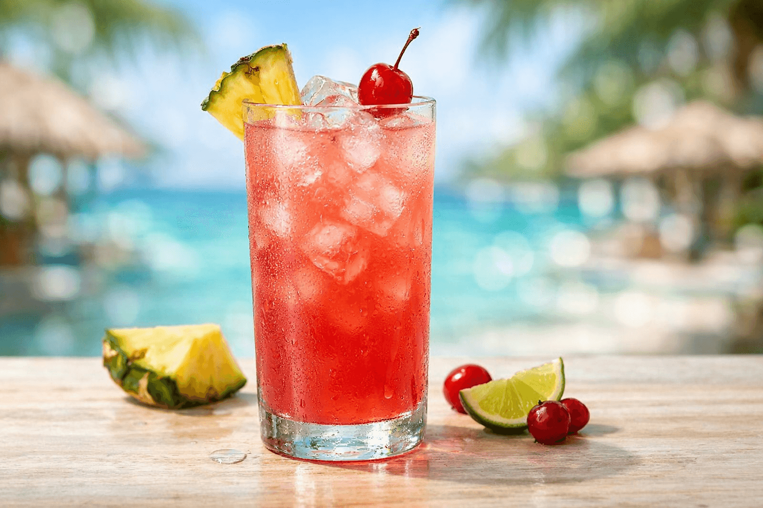 A Malibu Bay Breeze in a highball glass with a lime wedge.