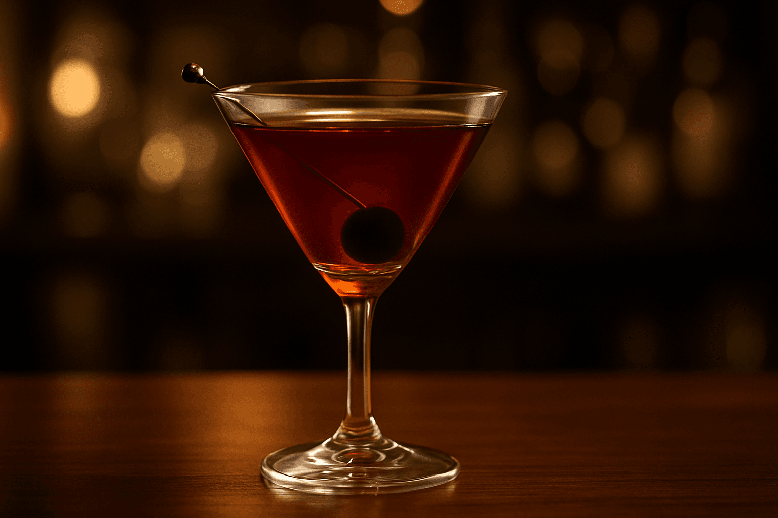 A Manhattan in a chilled coupe with a single dark cherry on a skewer resting over the rim.