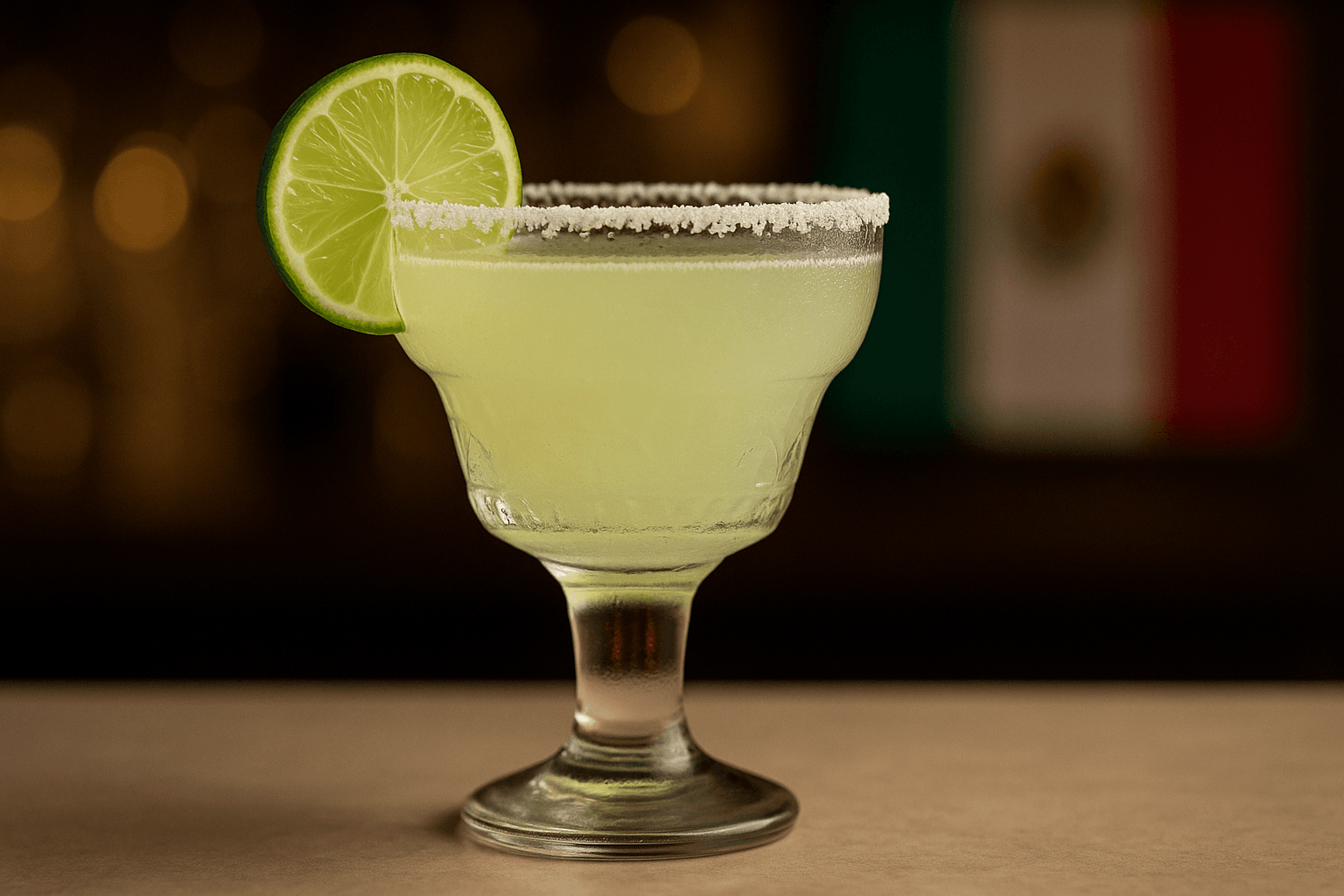 A chilled coupe of Margarita with a half-salt rim and a lime wheel garnish on the edge of the glass.