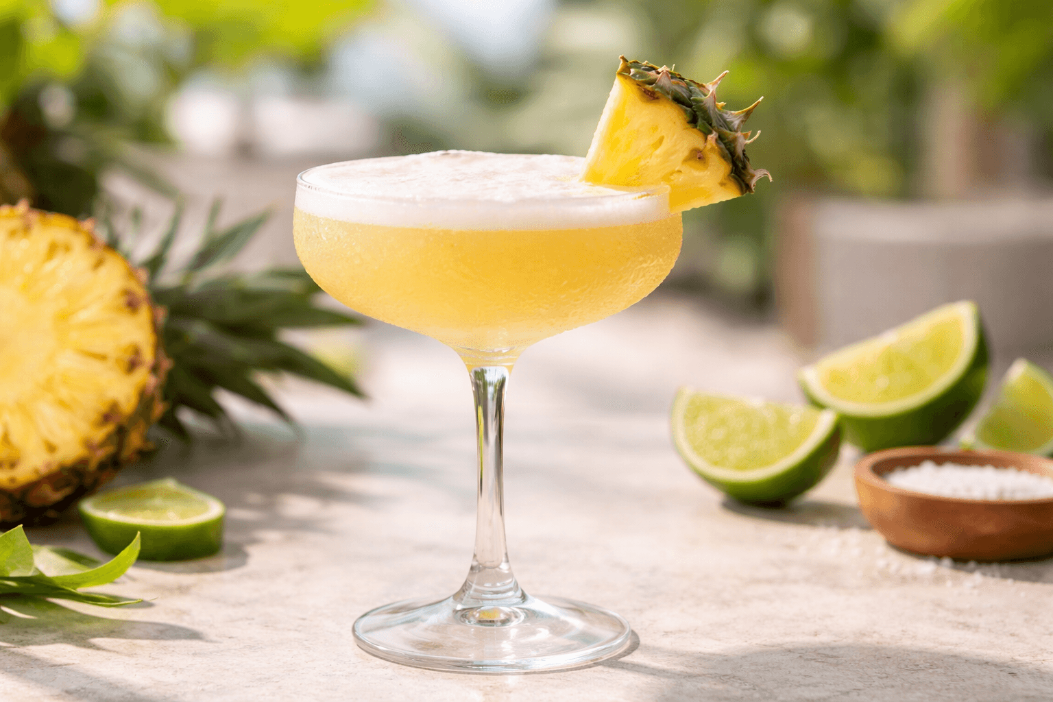 A Matador in a coupe or rocks glass with a pineapple wedge.