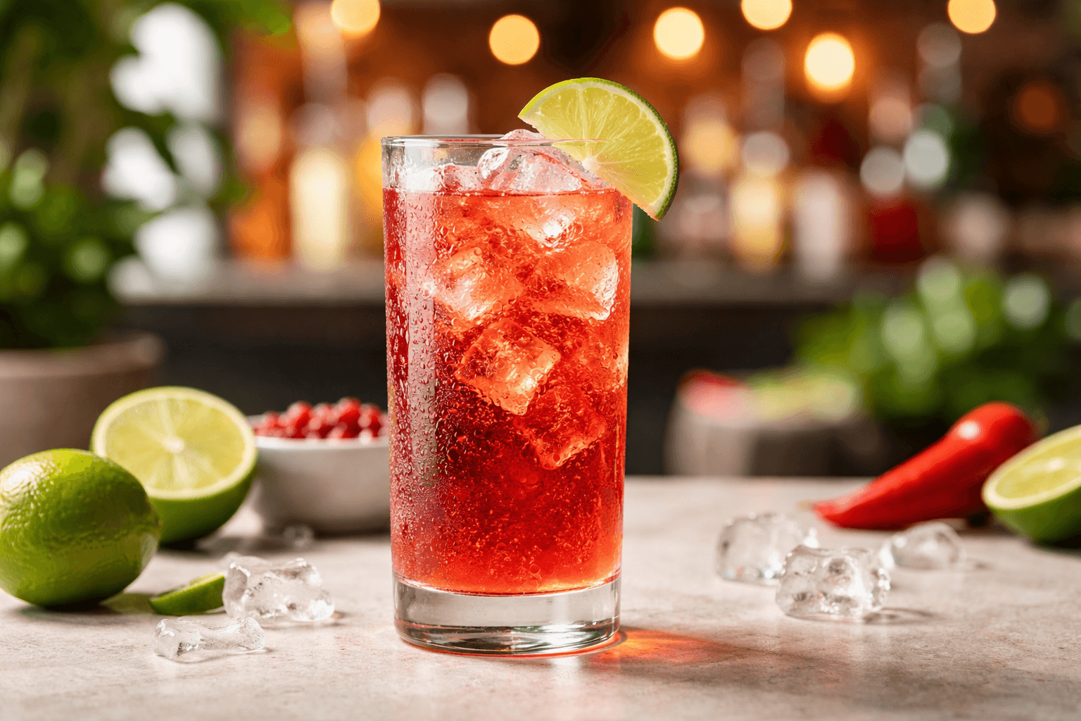 A tall Mexican Firing Squad with lime wedge and red hue.