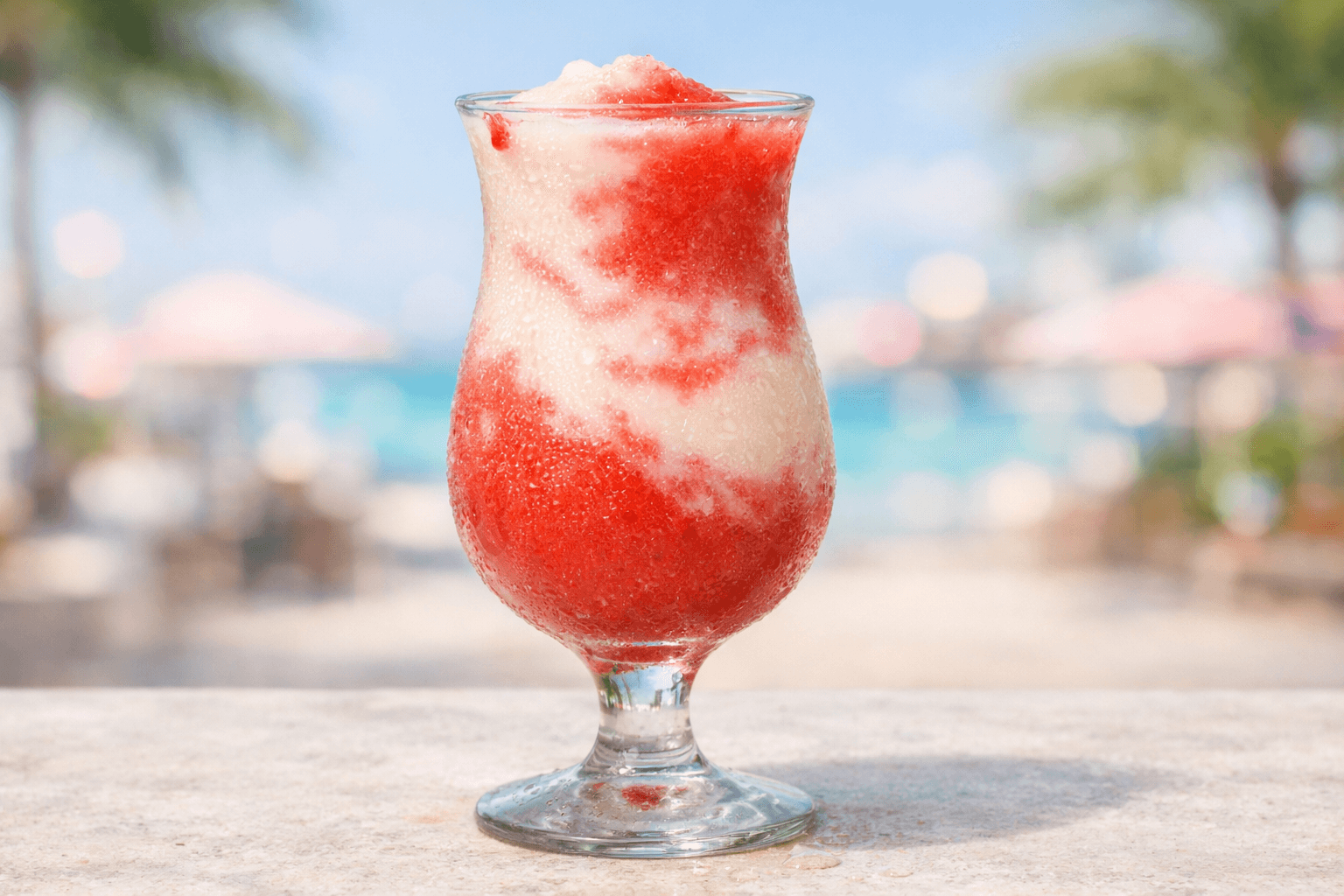 A Miami Vice in a hurricane glass showing distinct red and white swirls.