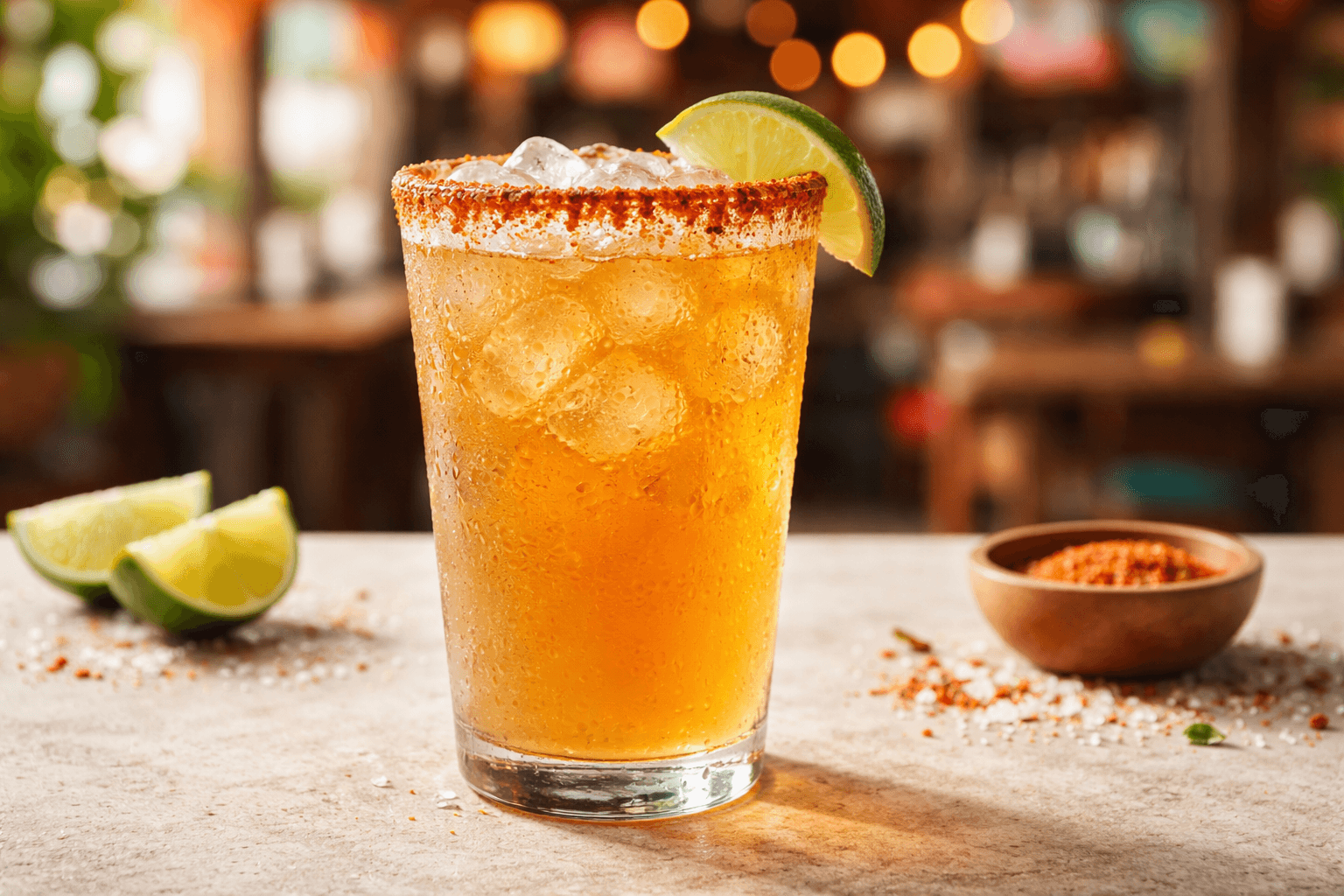 A Michelada in a pint glass with a red chili-salt rim.