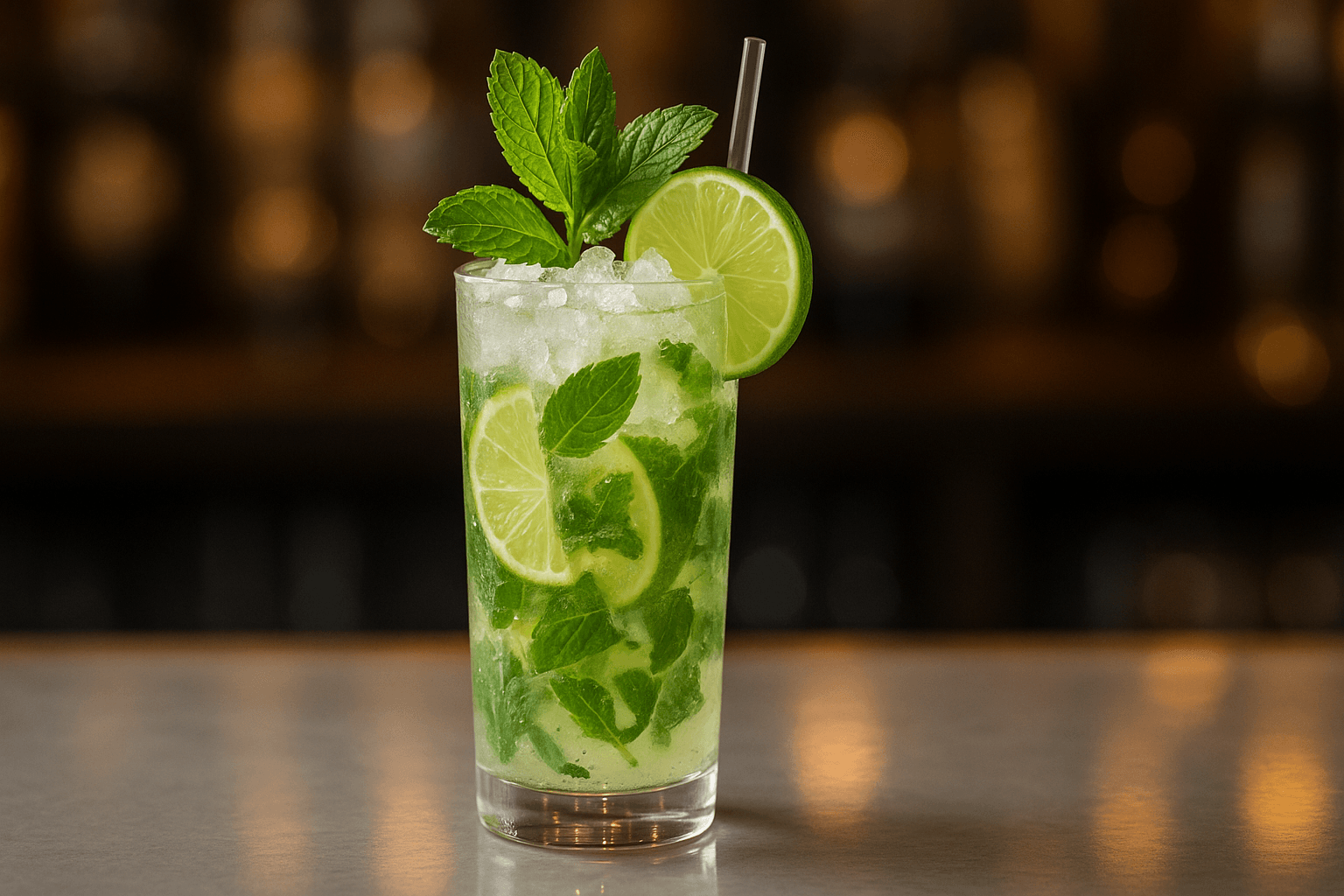 A tall highball glass of Mojito packed with mint sprigs, lime wheels, and sparkling soda over ice.