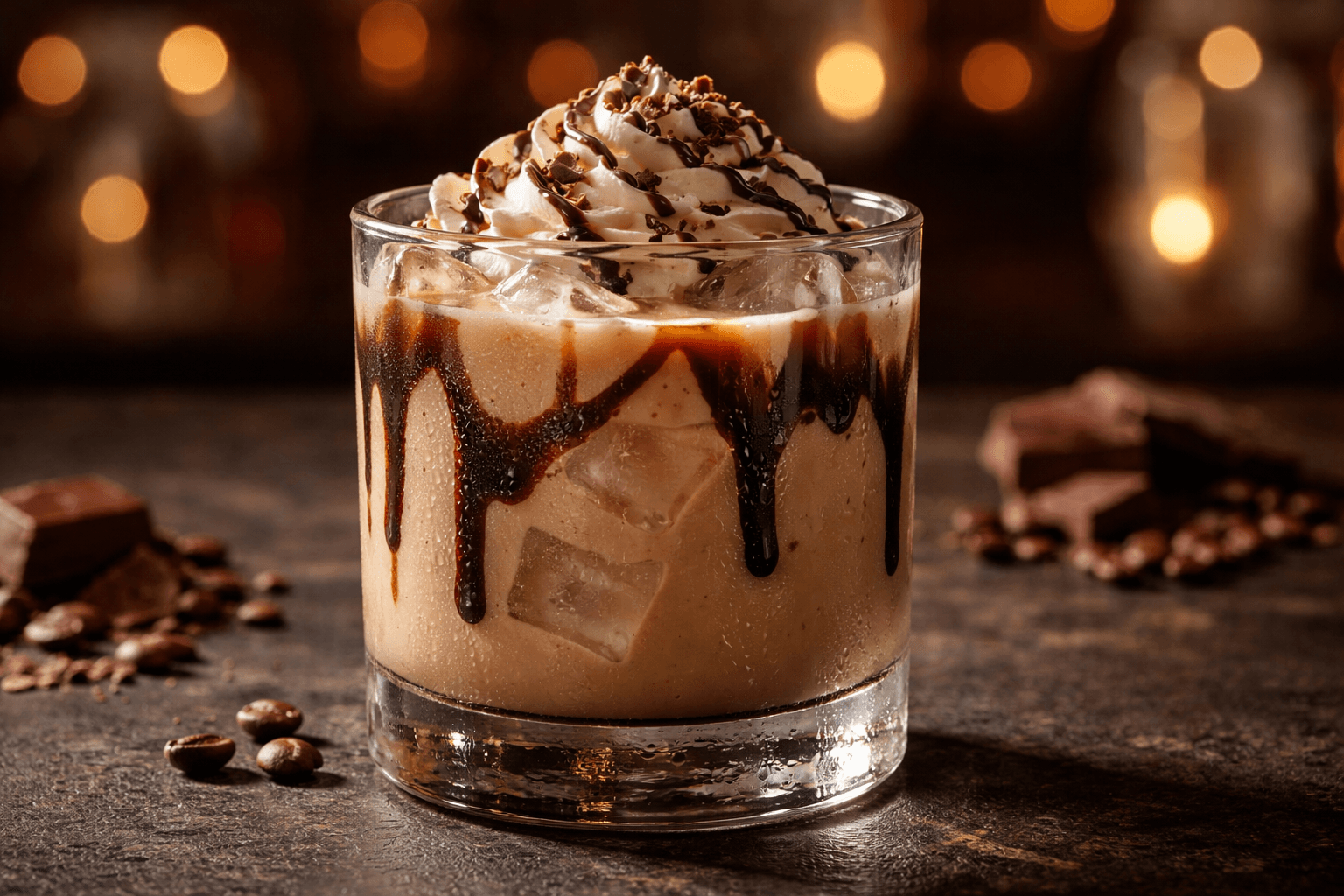 A Mudslide served over ice with a chocolate drizzle.
