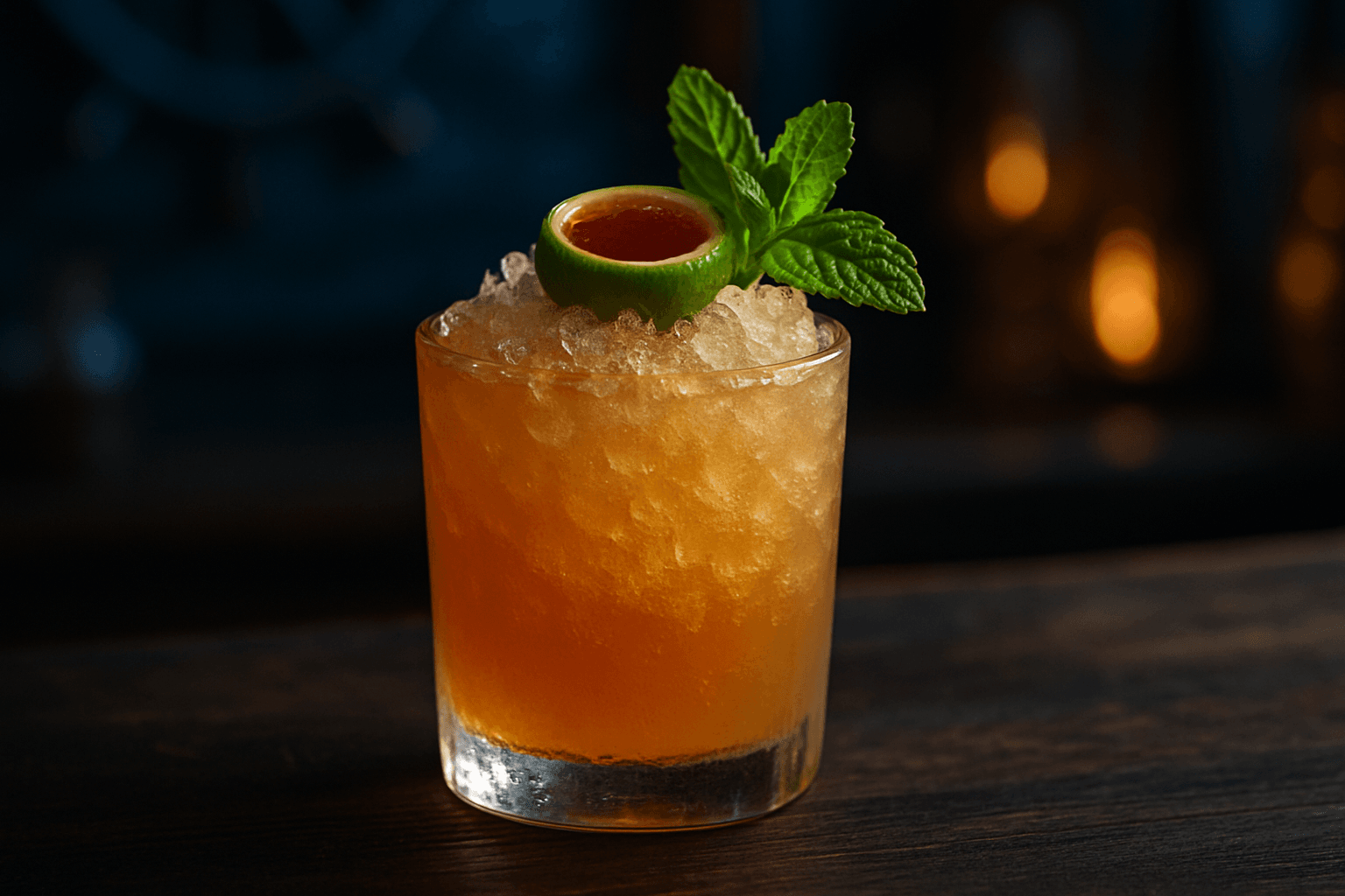 A Navy Grog served over an ice cone with citrus garnish.