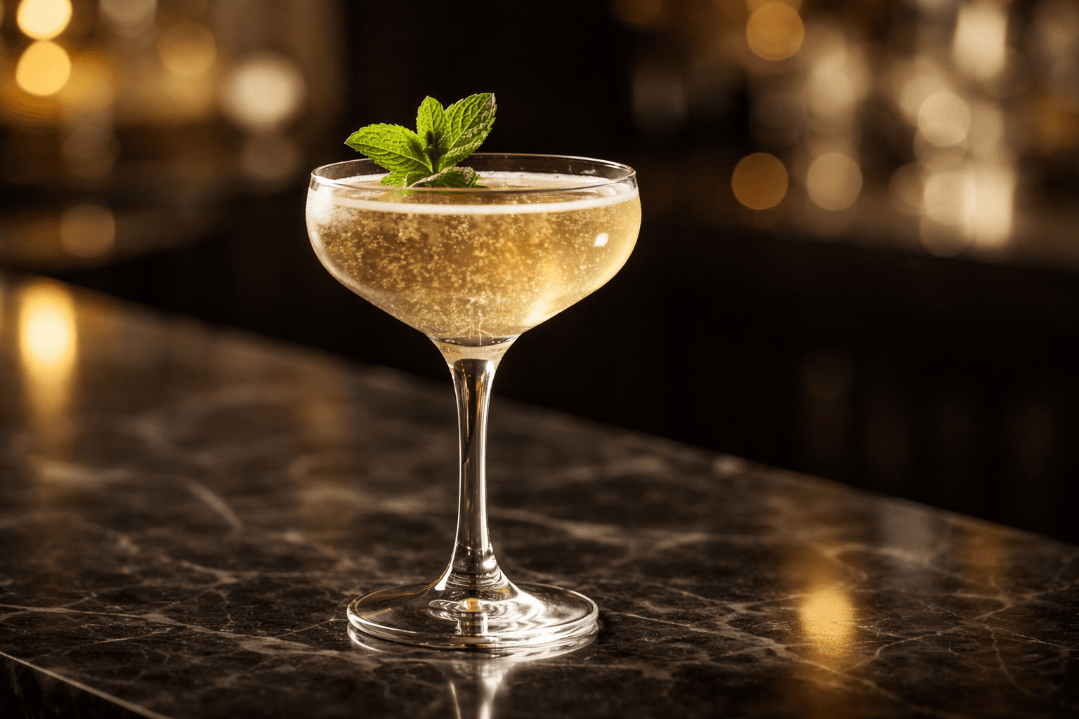 A coupe of Old Cuban with mint and rising bubbles.