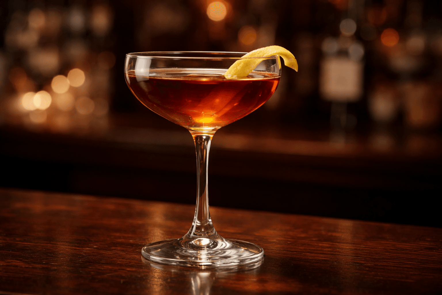 An Old Hickory in a coupe with a lemon twist.