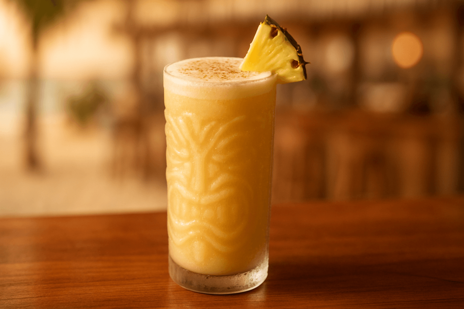 A creamy Painkiller topped with nutmeg and a pineapple frond.