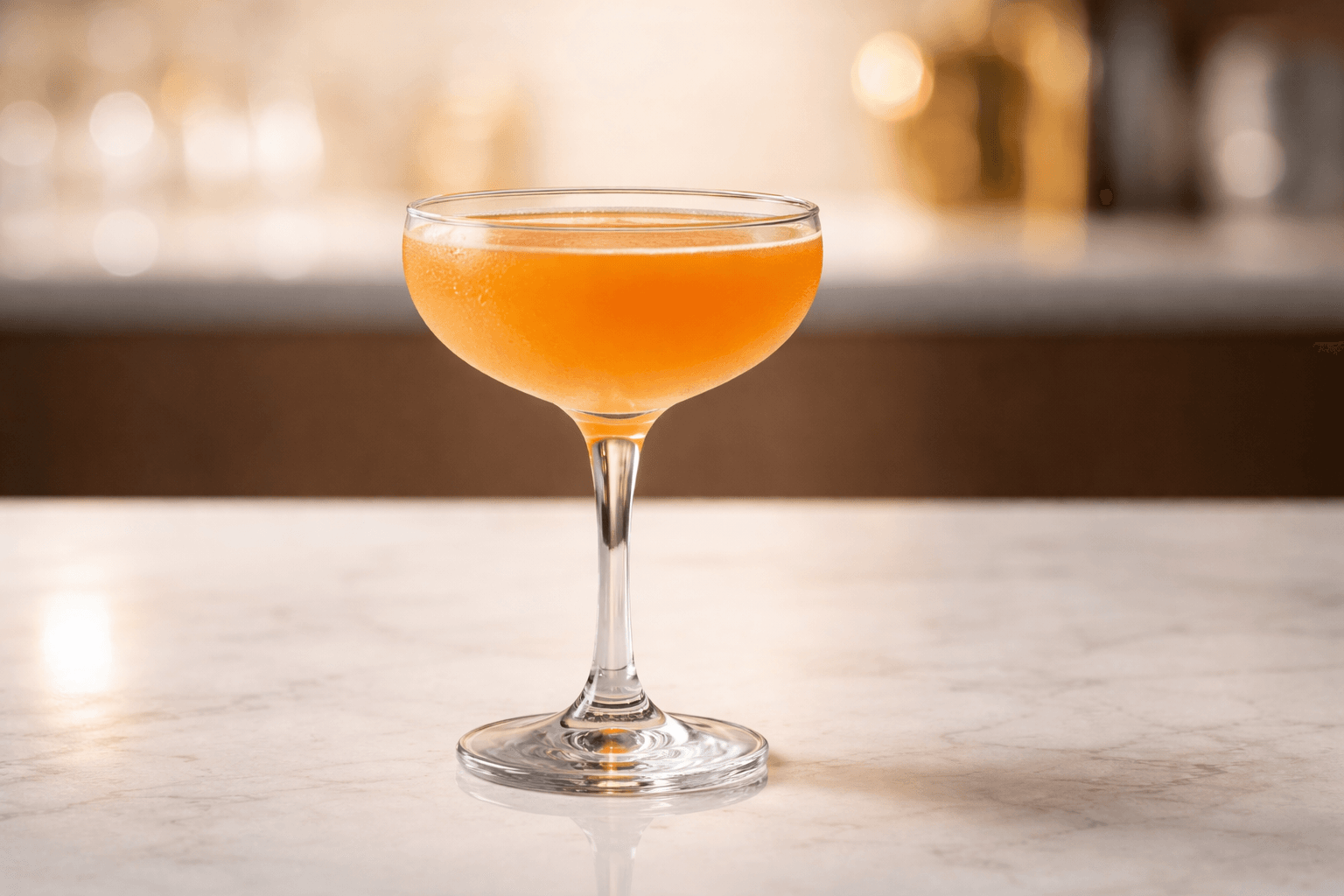A coupe of Paper Plane with a muted orange hue and a thin, even ring of foam at the rim.