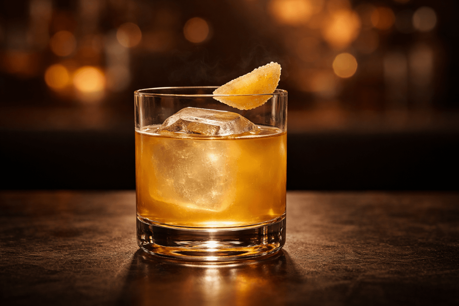 A Penicillin in a rocks glass with candied ginger on top.