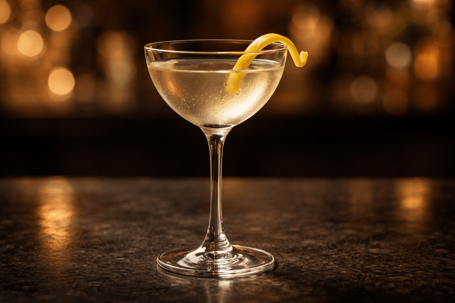 A Poet's Dream in a Nick & Nora glass with a lemon twist.