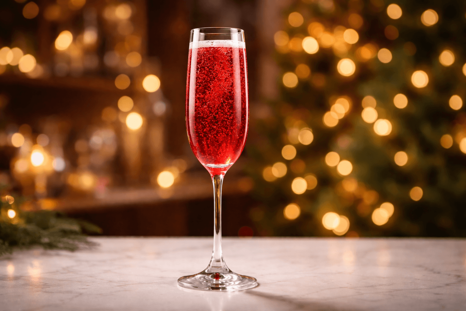 A festive Poinsettia in a flute with red hue and orange twist.