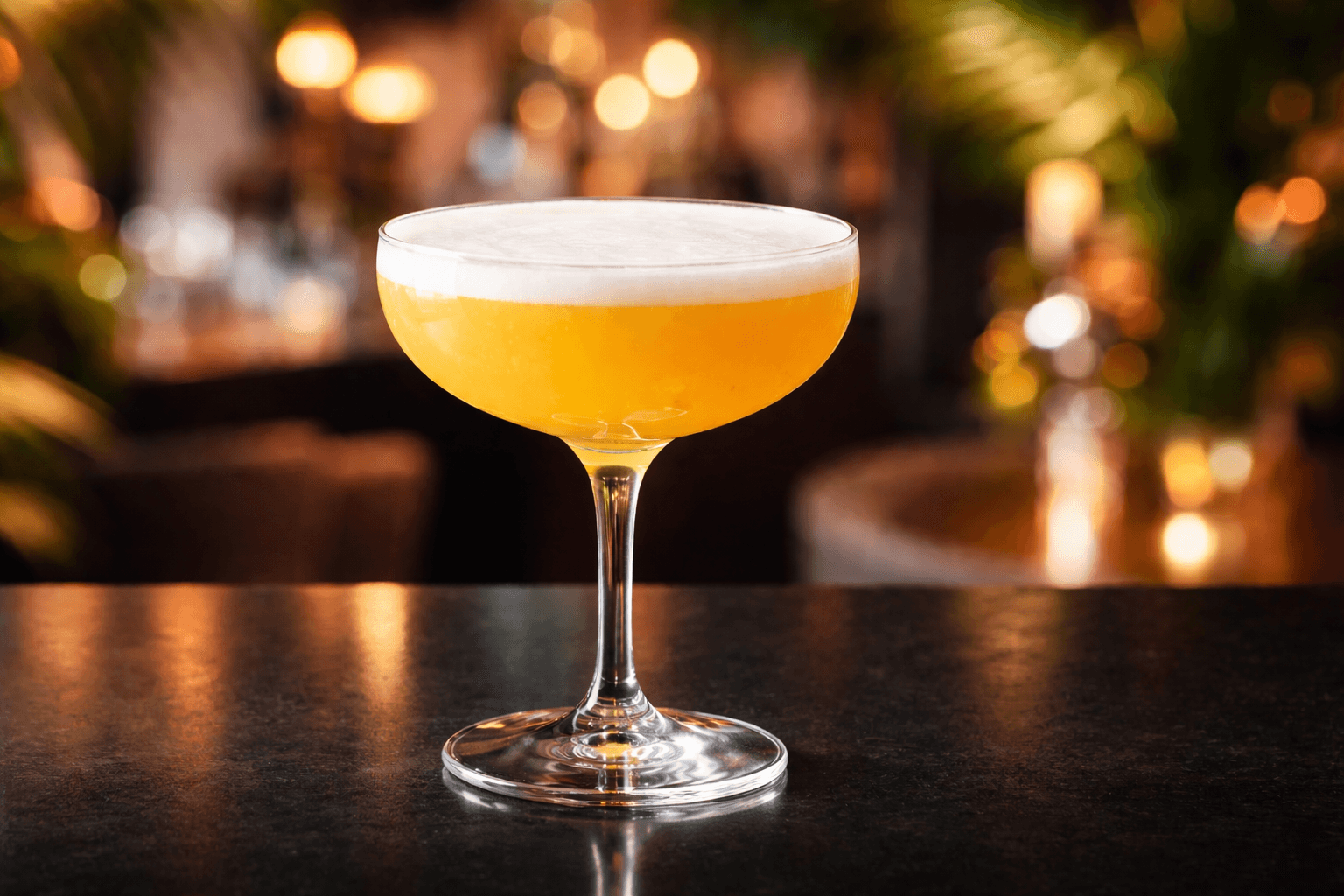 A Pornstar Martini with passionfruit half floating on the foam.