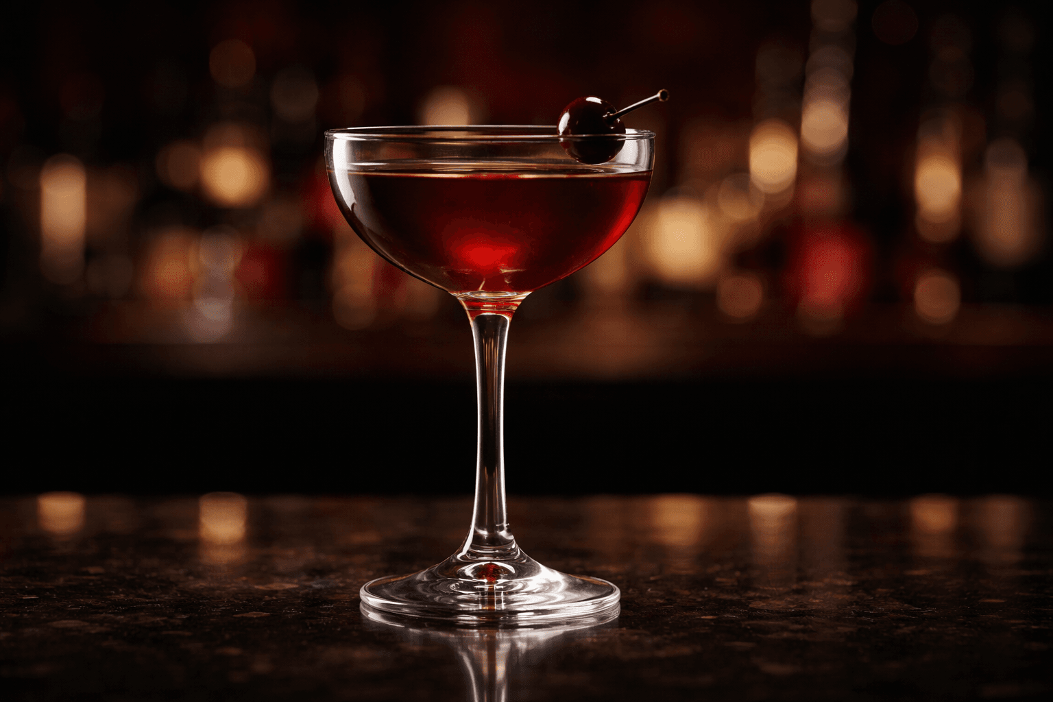 A Red Hook in a chilled coupe with a brandied cherry.