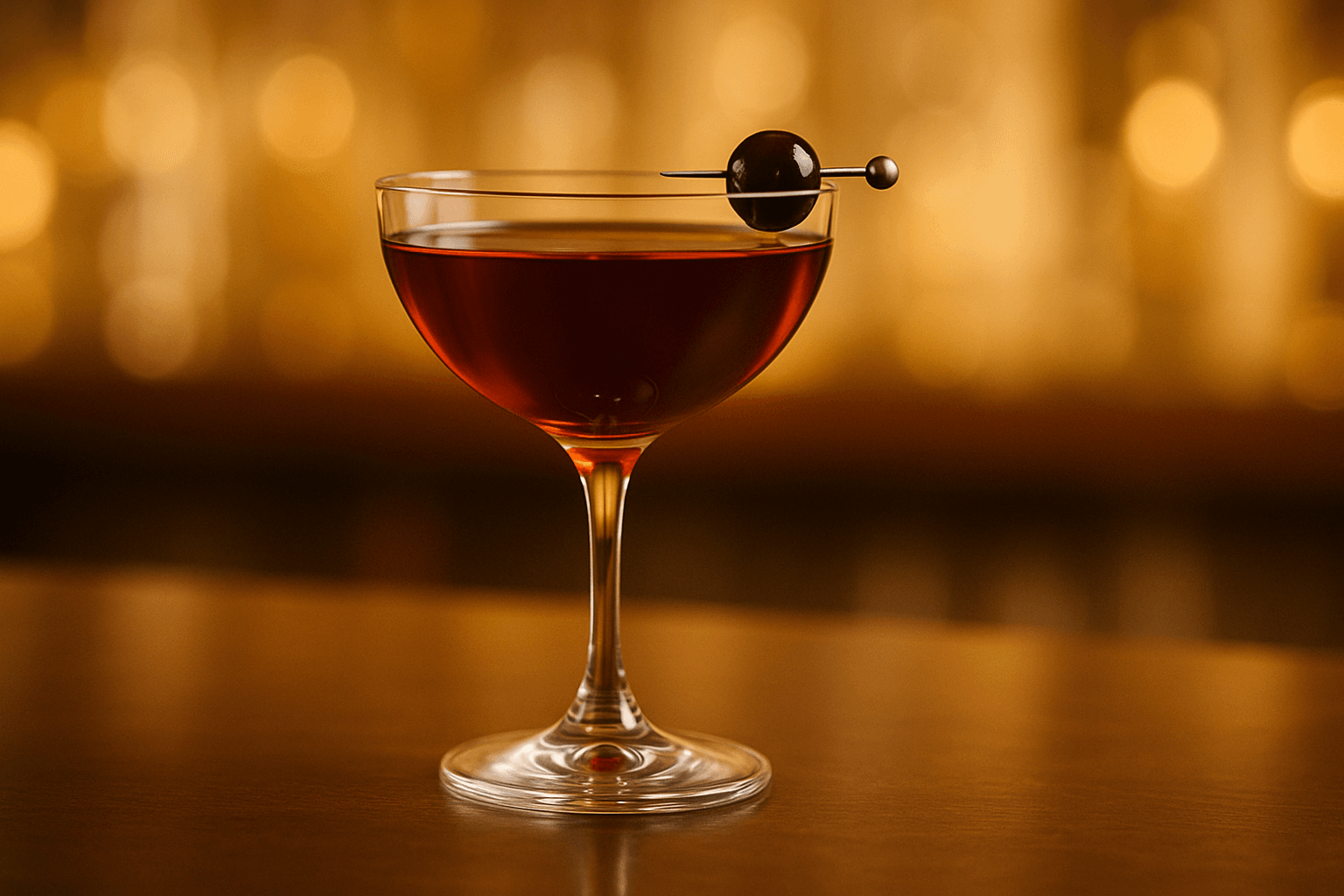 A Nick & Nora glass of Rob Roy with a deep ruby hue and a brandied cherry.