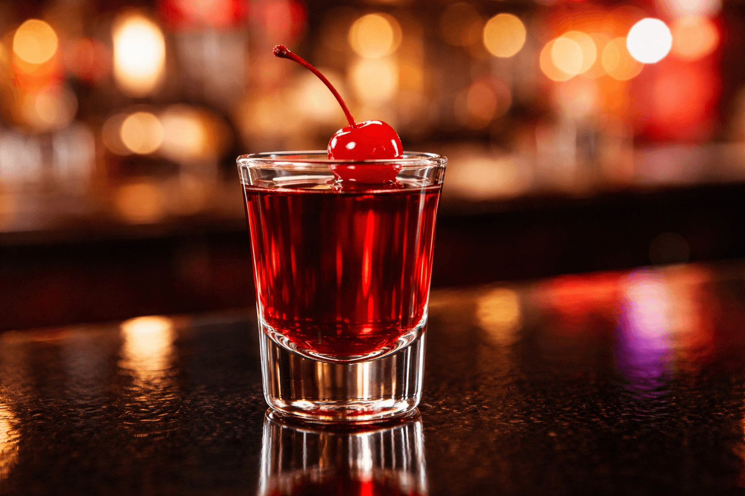A Royal Flush shot in a glass with a deep red hue.