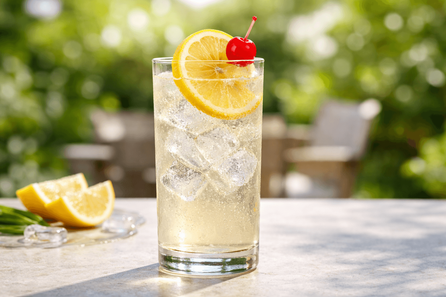 A Rum Collins in a tall glass with a lemon wheel and cherry.