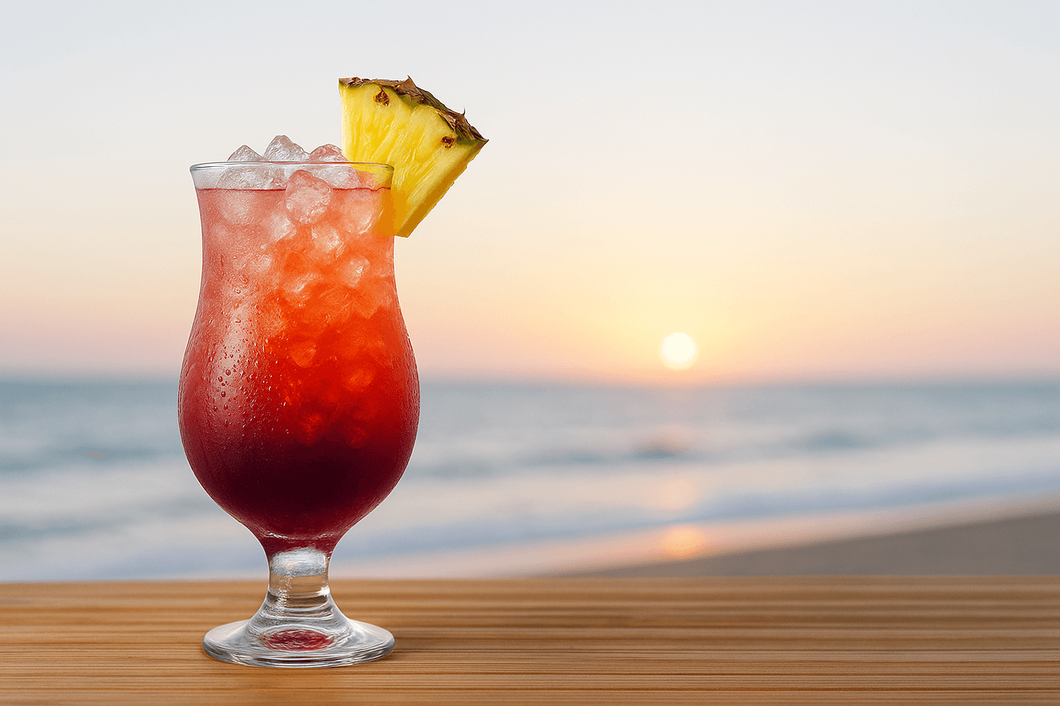A tall Rum Runner with crushed ice, berry garnish, and pineapple leaf.