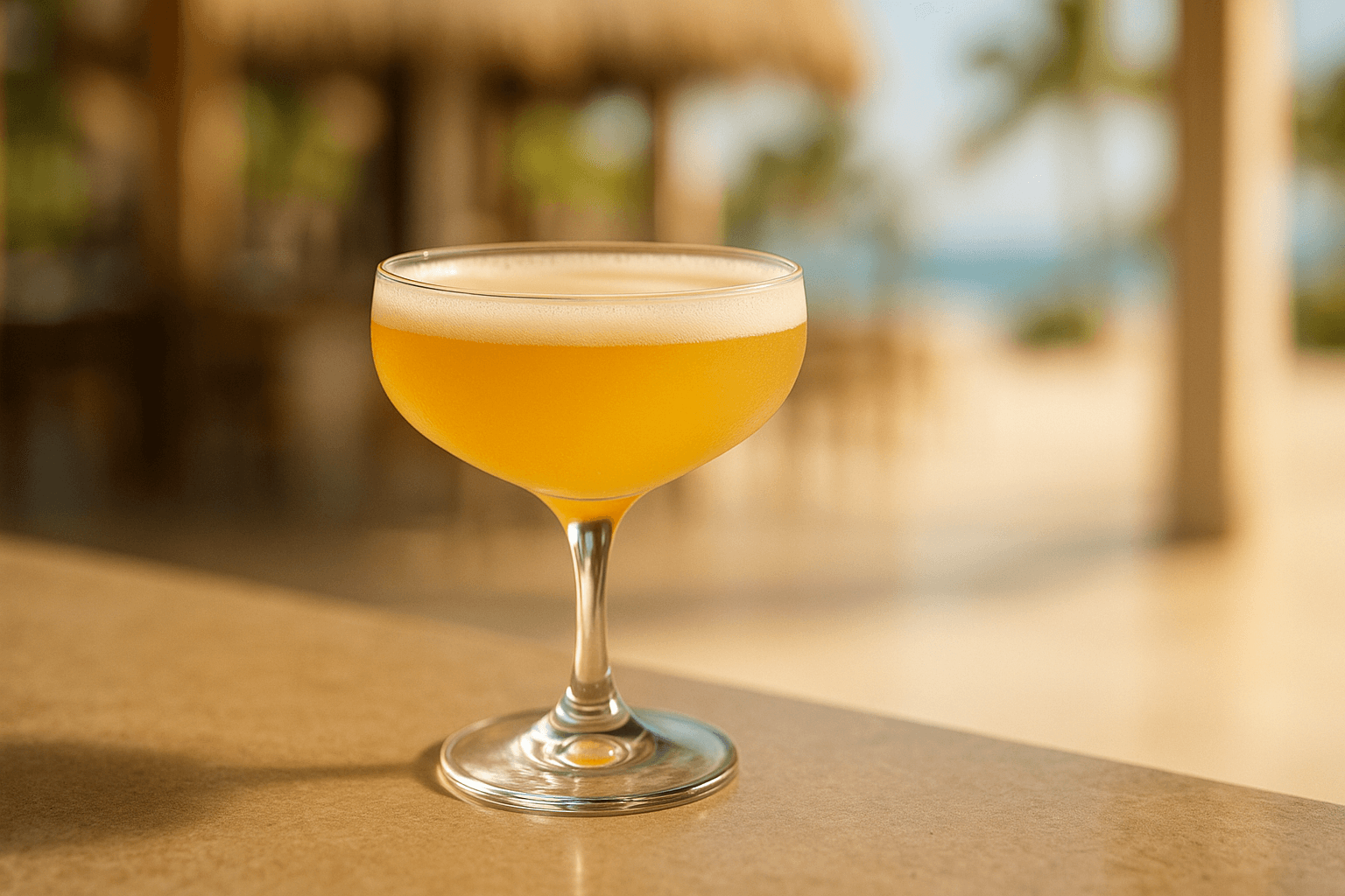 A coupe of Rum Sour with pale gold color and a lemon twist.
